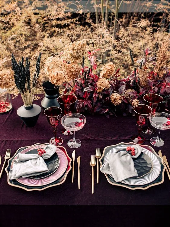 Burgundy outdoor table setting