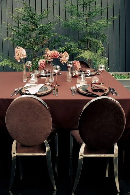 Chocolate table setting at rectangular table