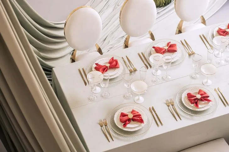 Clean New Year Setting — Drapery, Velvet, Red Bow