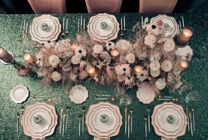 Emerald Sequin Mood — Rectangular Table with Purple