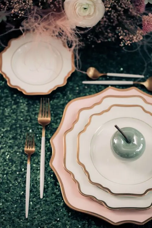 Emerald Sequin Mood — Rectangular Table with Purple