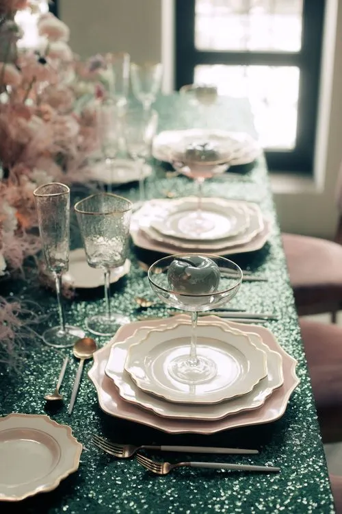 Emerald Sequin Mood — Rectangular Table with Purple