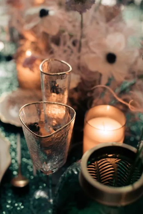 Emerald Sequin Mood — Rectangular Table with Purple
