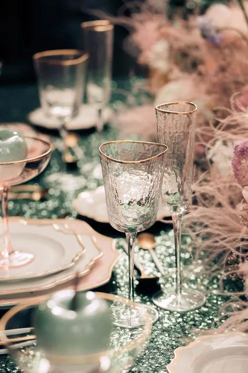 Emerald Sequin Mood — Rectangular Table with Purple