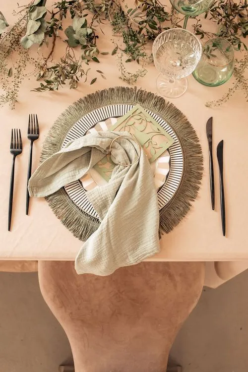 Fern-beige table setting at rectangular table