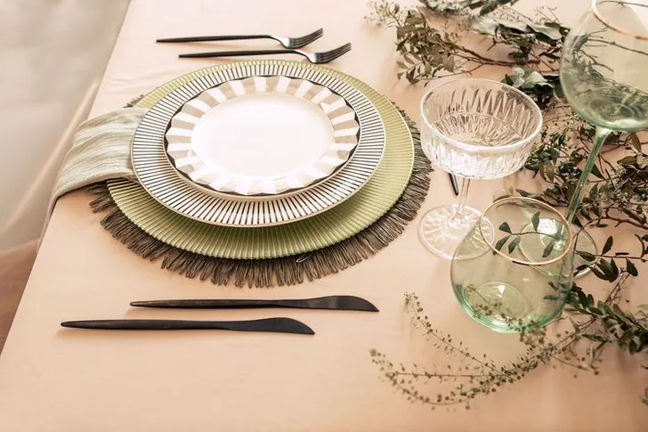 Fern-beige table setting at rectangular table