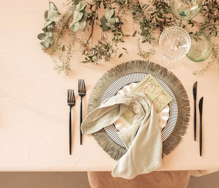Fern-beige table setting at rectangular table
