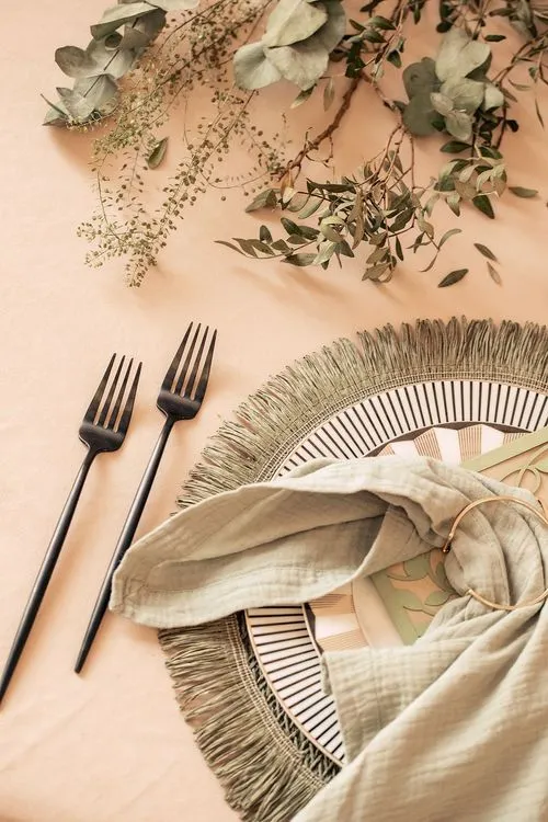 Fern-beige table setting at rectangular table