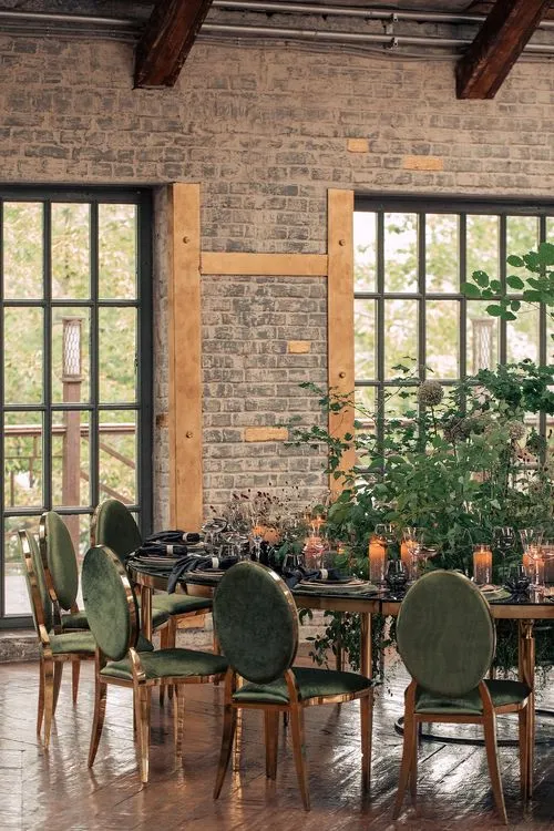 Forest table setting at large round table