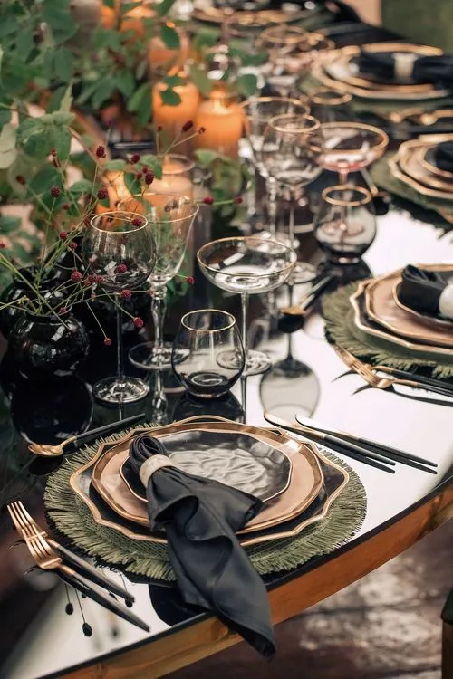 Forest table setting at large round table