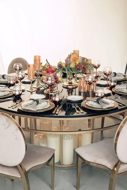Glass rectangular banquet table setup