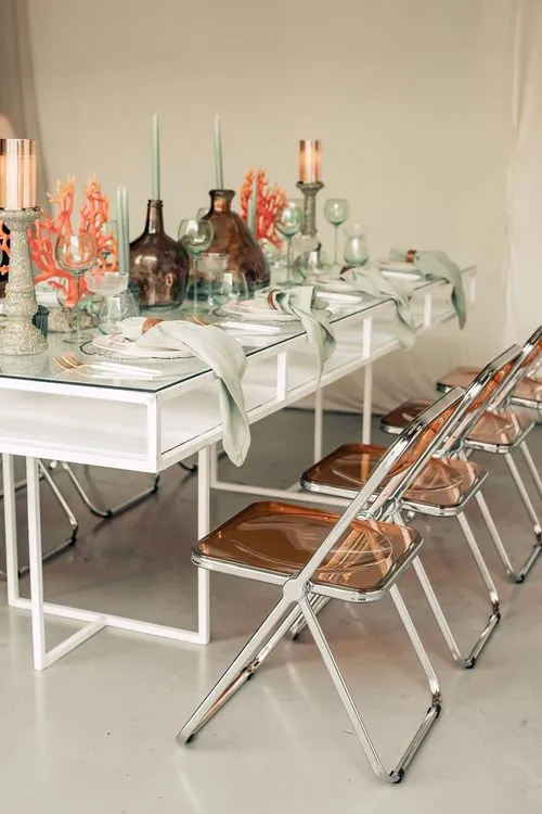 Glass rectangular table amber coral decor