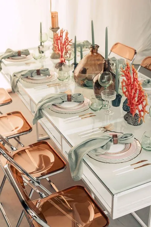 Glass rectangular table amber coral decor