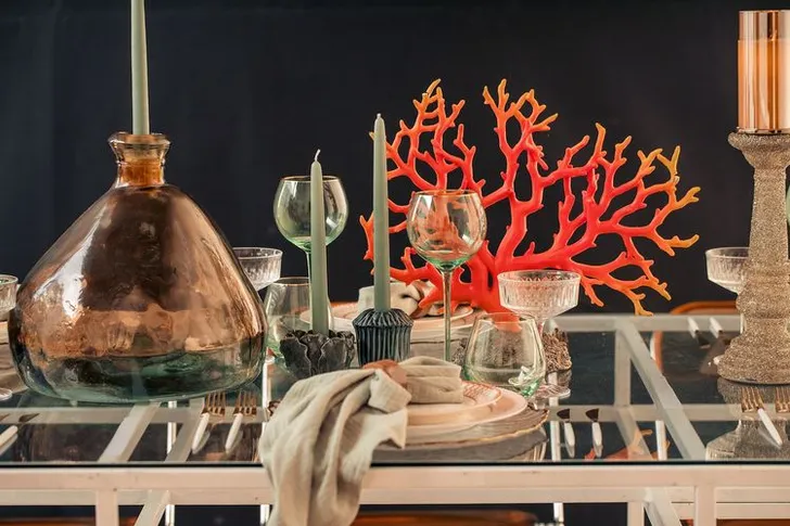 Glass rectangular table amber coral decor