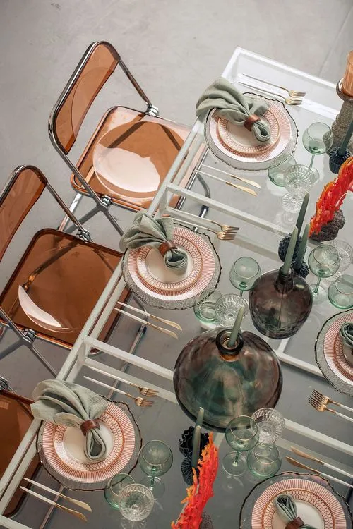 Glass rectangular table amber coral decor