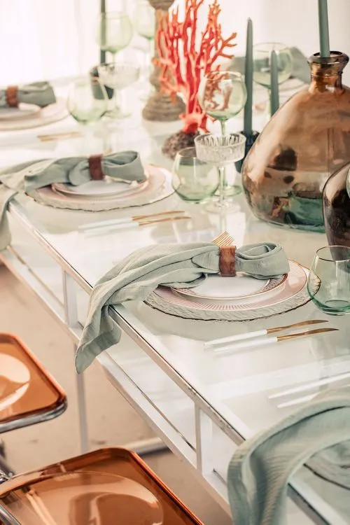 Glass rectangular table amber coral decor