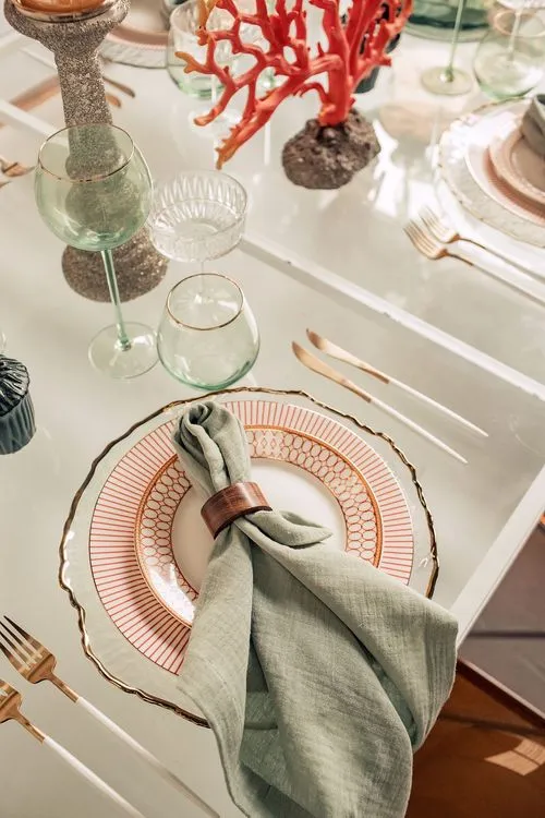 Glass rectangular table amber coral decor