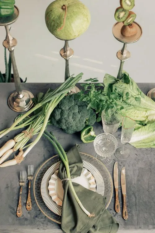 Gray-green table setting with vegetables