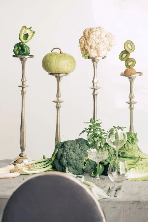 Gray-green table setting with vegetables