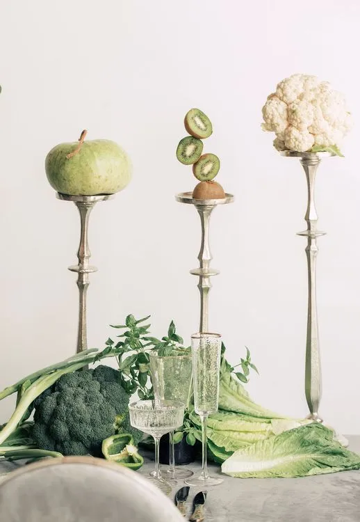 Gray-green table setting with vegetables