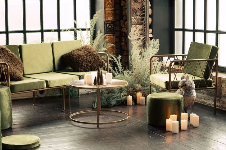 Green Lounge — Velvet Poufs, Sofa & Armchair, Fir & Owls