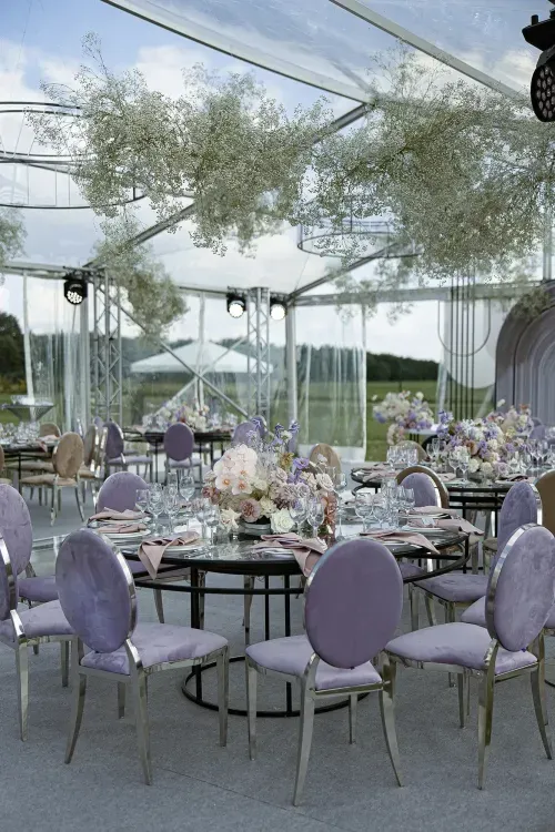 Lavender & Beige Elegance at Round Glass Tables