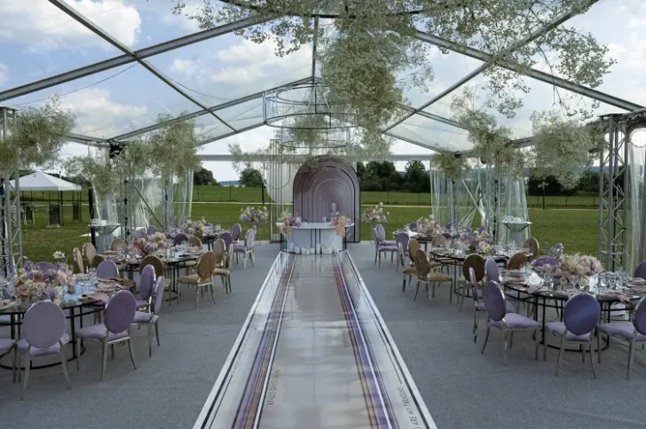 Lavender & Beige Elegance at Round Glass Tables