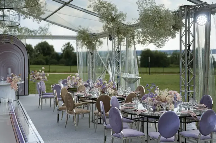 Lavender & Beige Elegance at Round Glass Tables