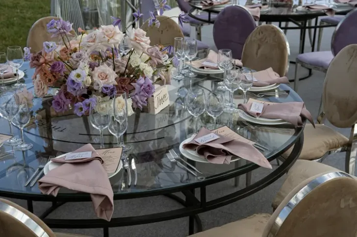 Lavender & Beige Elegance at Round Glass Tables