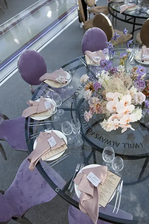 Lavender & Beige Elegance at Round Glass Tables