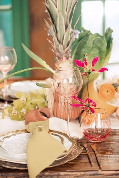 Modern Rectangular Table — Clear Chairs, Floral + Fruit