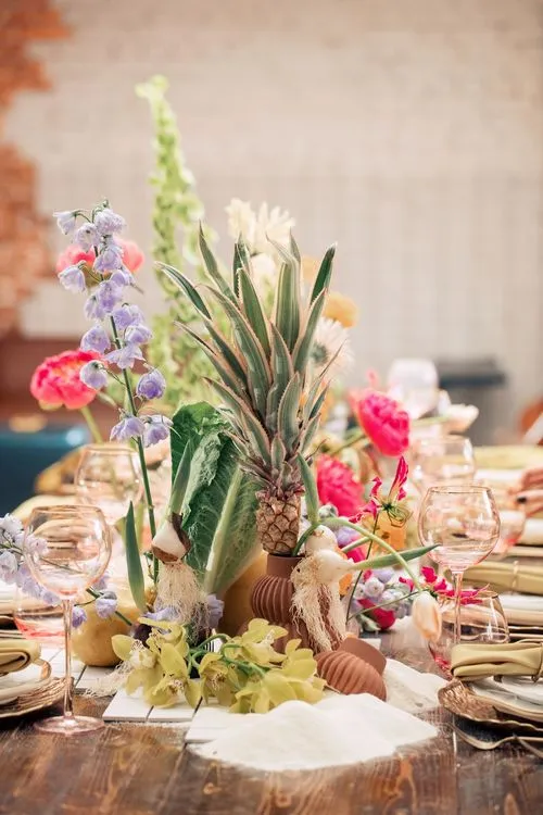 Modern Rectangular Table — Clear Chairs, Floral + Fruit