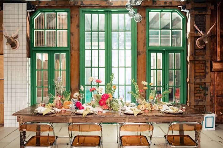 Modern Rectangular Table — Clear Chairs, Floral + Fruit