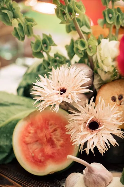 Modern Rectangular Table — Clear Chairs, Floral + Fruit