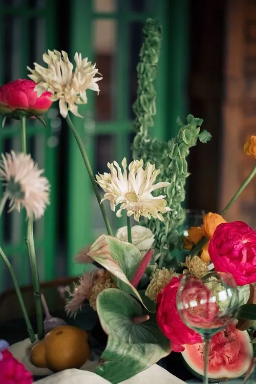 Modern Rectangular Table — Clear Chairs, Floral + Fruit