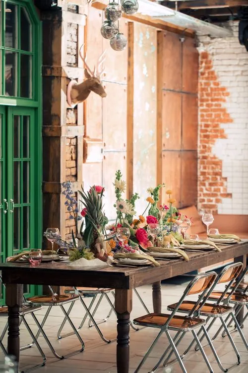 Modern Rectangular Table — Clear Chairs, Floral + Fruit