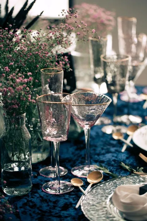 Mountain Dinner — Smoky Glasses & Velvet Tablecloth