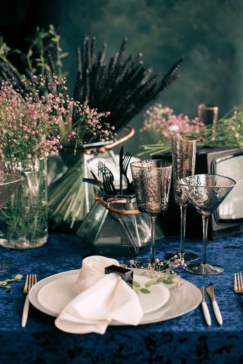 Mountain Dinner — Smoky Glasses & Velvet Tablecloth