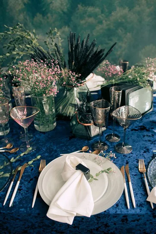 Mountain Dinner — Smoky Glasses & Velvet Tablecloth