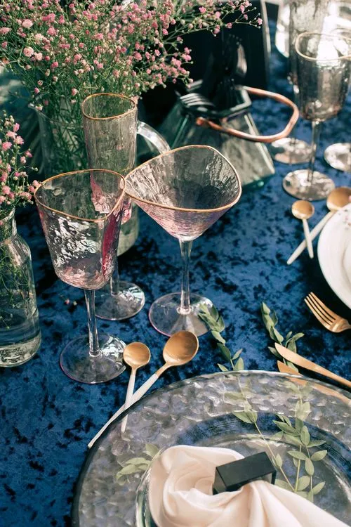 Mountain Dinner — Smoky Glasses & Velvet Tablecloth