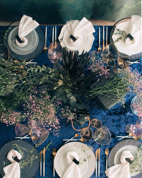 Mountain Dinner — Smoky Glasses & Velvet Tablecloth