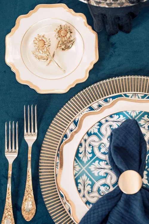 Noir Blue Tablescape — Gold Details