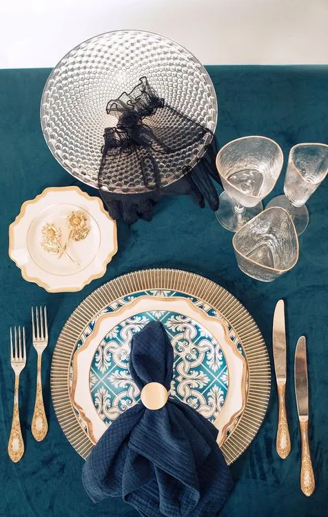 Noir Blue Tablescape — Gold Details