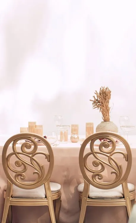 Nude & Powder Palette — Rectangular Table, Clear Glasses, Carved Chairs