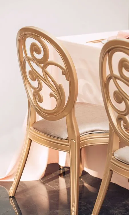 Nude & Powder Palette — Rectangular Table, Clear Glasses, Carved Chairs