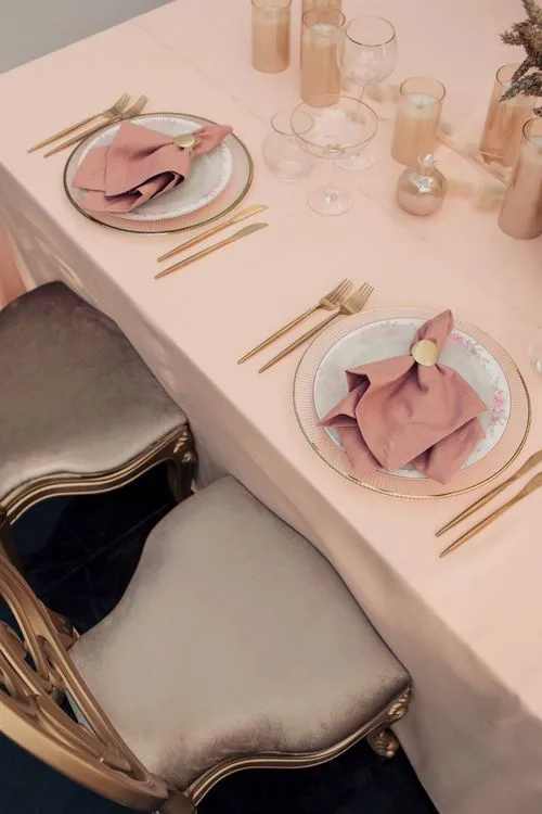 Nude & Powder Palette — Rectangular Table, Clear Glasses, Carved Chairs