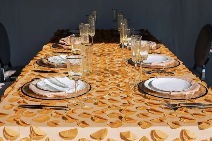 Peach table setting at rectangular table