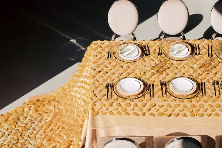 Peach table setting at rectangular table