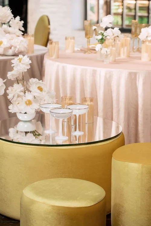 Peach-lavender table setting at caterpillar table