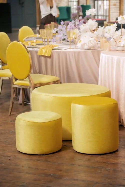 Peach-lavender table setting at caterpillar table